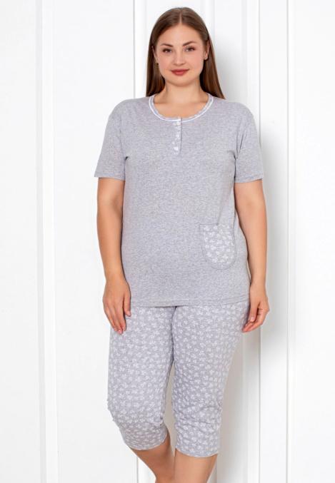 Pijama damă BIG SIZE, mânecă scurtă, pantalon 3/4, gri, Engros